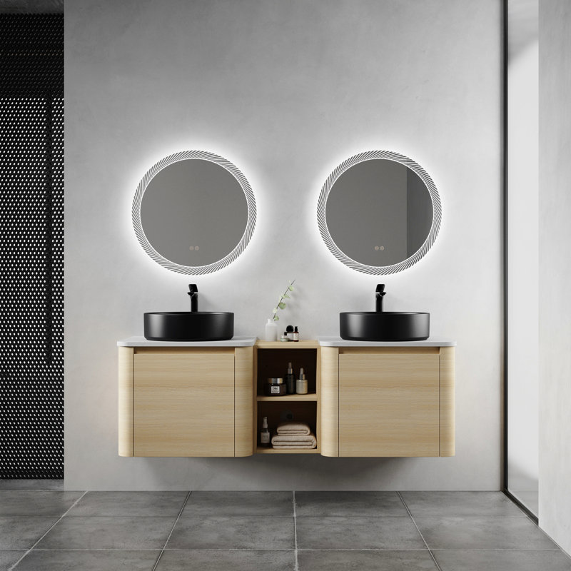 Meuble-lavabo mural 60 po avec lavabo d'art en céramique et 1 tablette de rangement, porte à fermeture en douceur, emballage Kd, contreplaqué