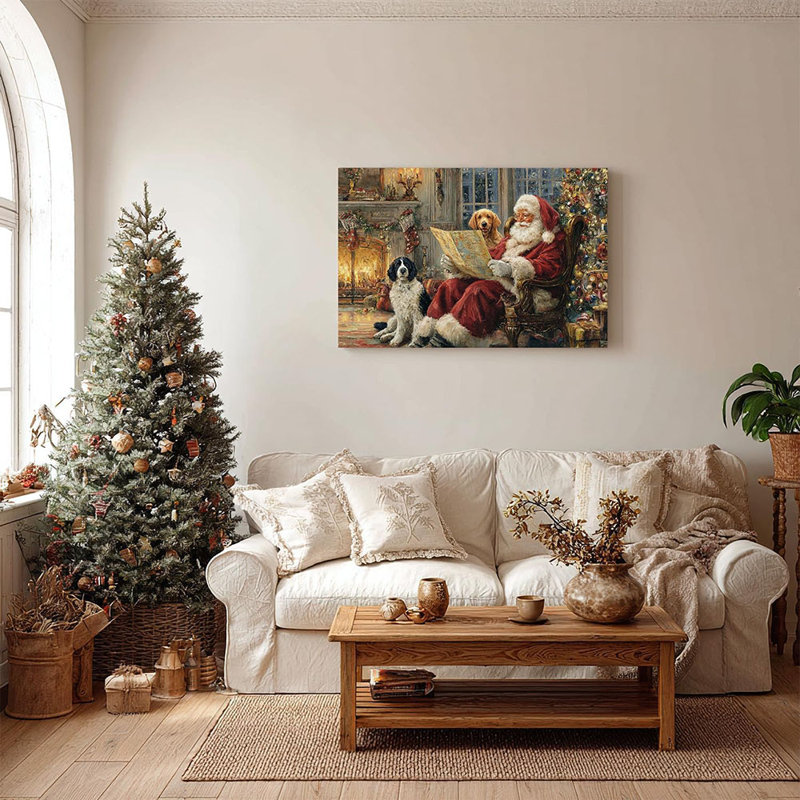 Classic Santa Claus Canvas Wall Art Vintage Santa Reading Map with Two Dogs by Fireplace Oil Painting Prints Traditional Christmas Poster for Home Living Room Wall Decor Framed 24x16in