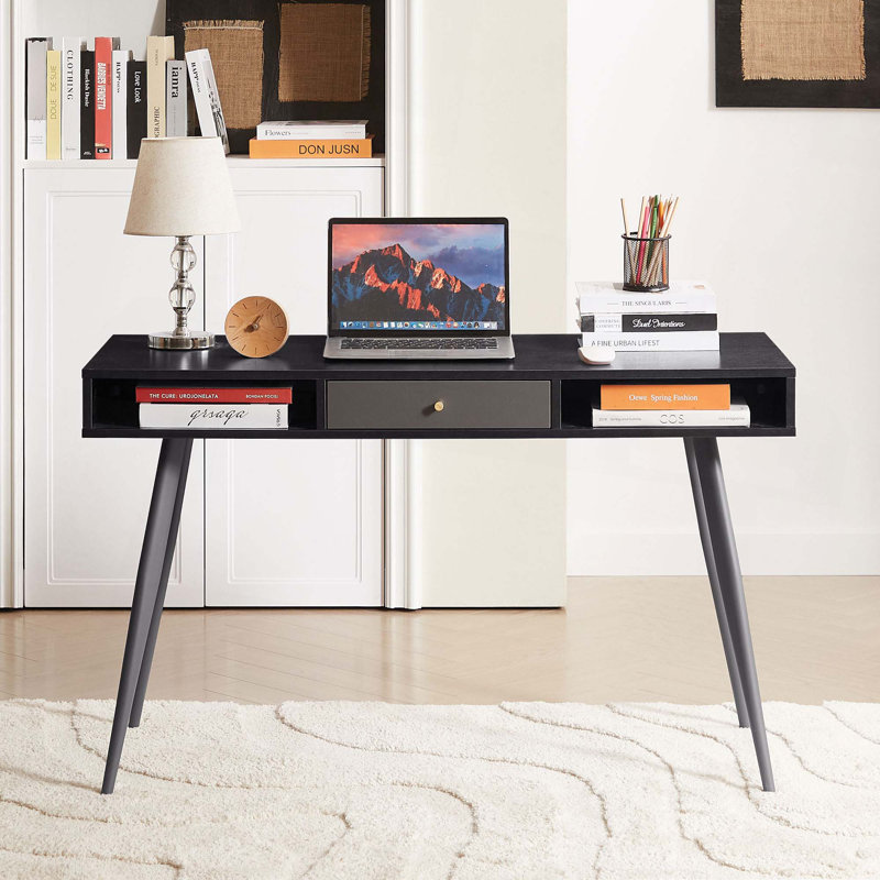 Bureau Mid-Century avec ports USB et prise de courant, bureau d'écriture moderne avec tiroirs, bureau d'ordinateur multifonctionnel