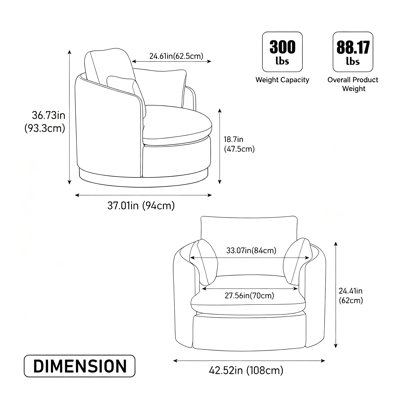 Fauteuil demi-tonneau pivotant de 42,52 po avec chenille, fauteuil d'appoint pivotant à 360 ° avec 3 coussins dodus, fauteuil pivotant rond avec coussin amovible pour le salon, taupe