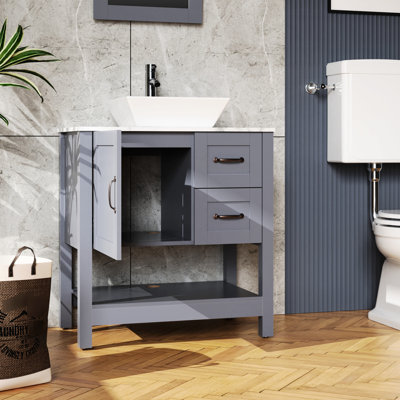 30" Gray Bathroom Vanity With Drop & Crack Marble Pattern Top - Scratch, Oil Proof, Easy Clean Scratch And Drain Pattern, Special Sheet Coating, Proof