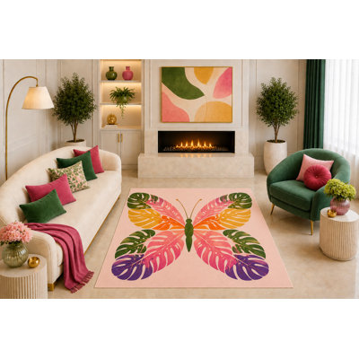 "Ultra Light Weight" 5' x 7' Tropical Butterfly Area Rug Colorful Monstera Leaf Art for Living Room Bedroom Kids Room Playroom Non-Slip Silicone Backing Low Pile