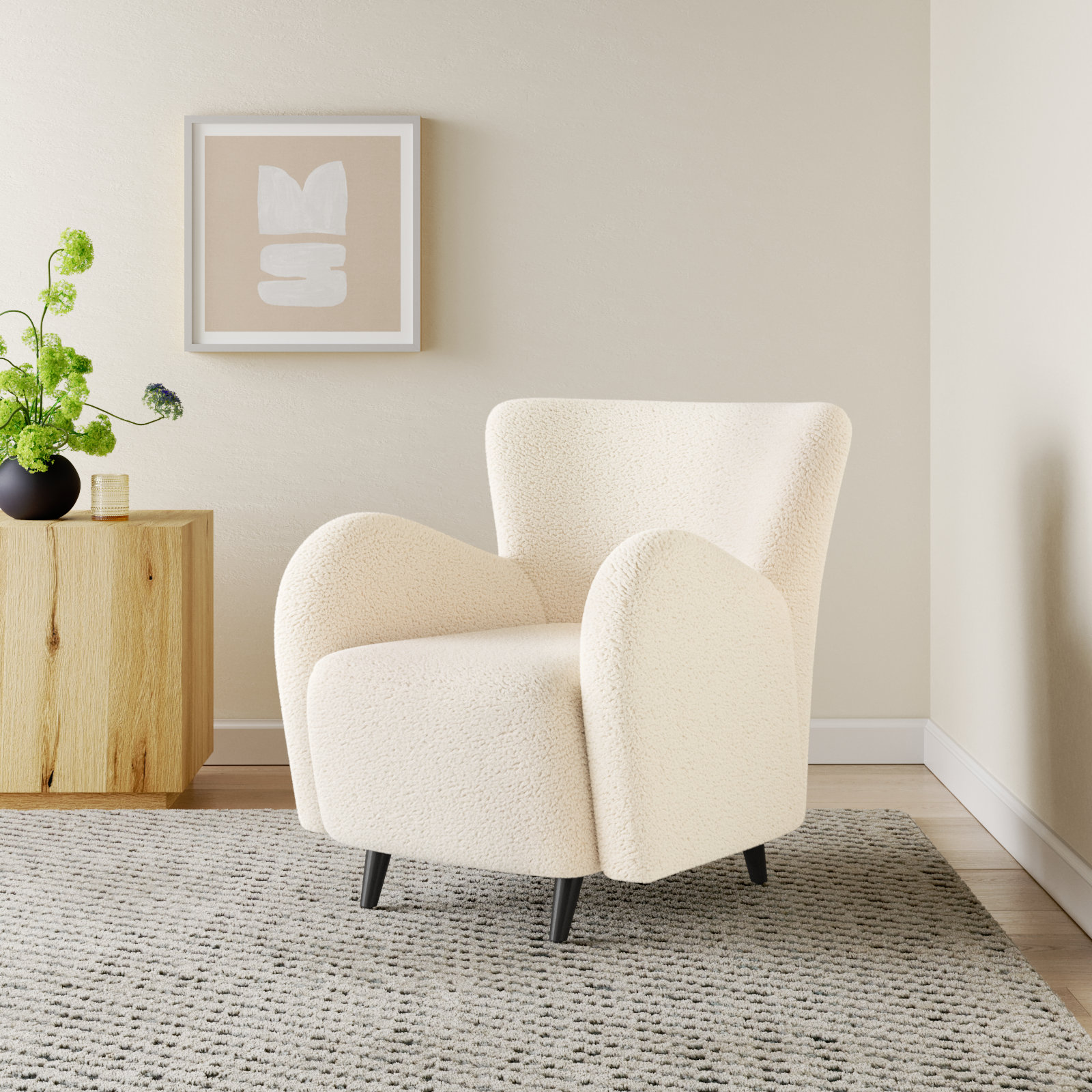 Bowie Pine Armchair, Ivory Faux Lambs Wool