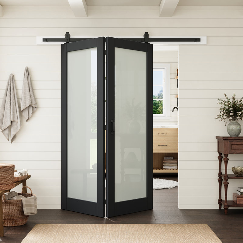 Porte intérieure standard 56 po x 80 po, 1 vantail, en verre trempé dépoli noir, avec quincaillerie pour portes pliantes de style grange, idéale pour le garde-manger et la cuisine.
