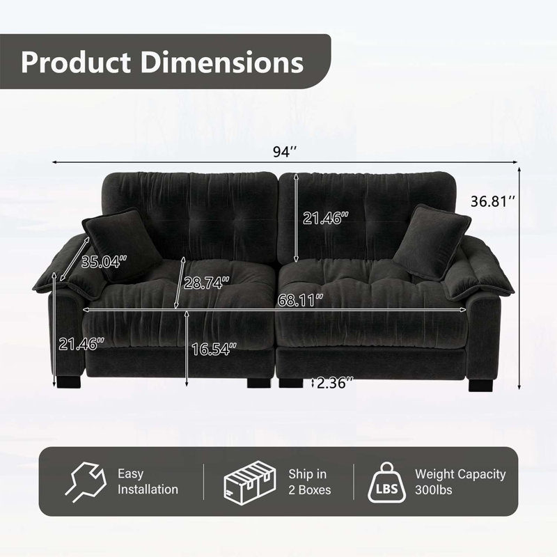 Canapé moderne plissé en chenille 3 places 94 pouces avec support à ressorts durable et coussins en mousse épais