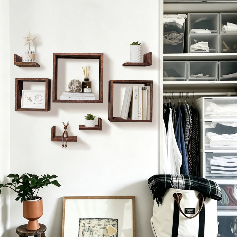 Wall-mounted Floating Wooden Shelves, Rustic Brown