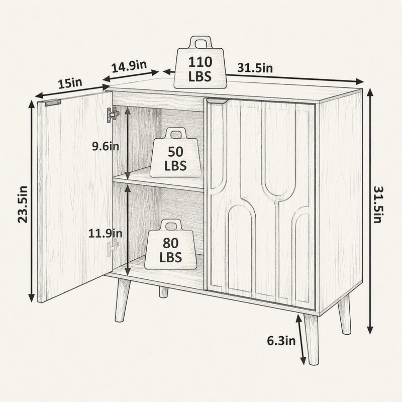 Buffet de style champêtre avec rangement, idéal pour la cuisine, la salle à manger, le salon ou l'entrée.