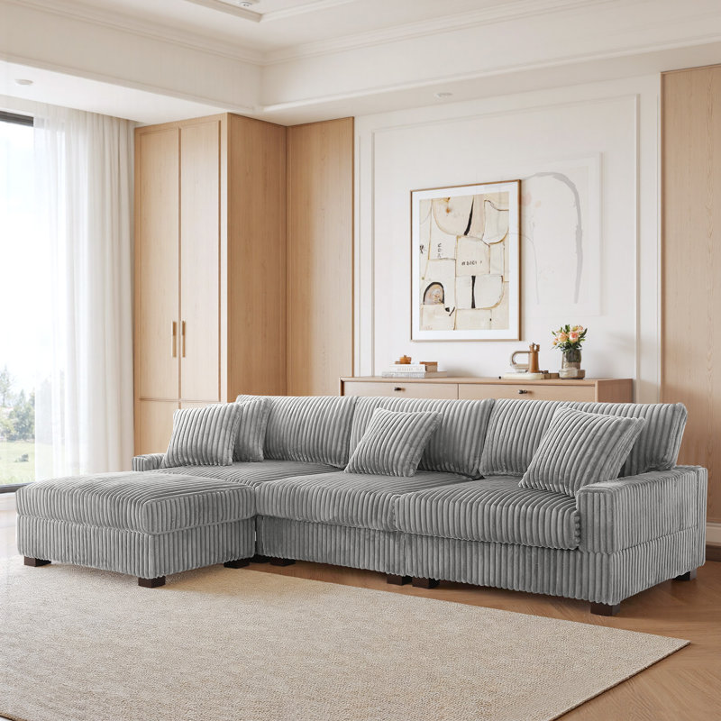 4 Seater Sofa & Chaise, Light Grey Polyester/Foam Padding
