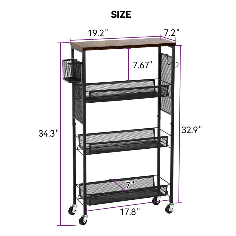 4-Tier Slim Storage Kitchen Cart With Wheels, Mobile Utility Cart With Wooden Tabletop And Mesh Baskets