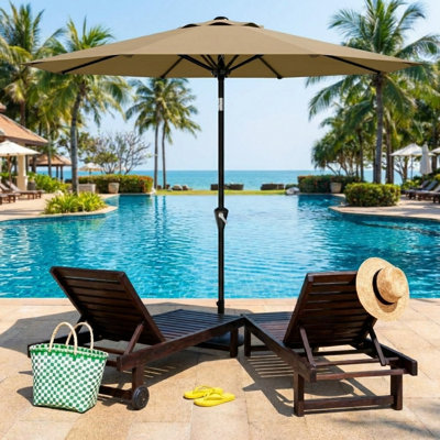 9 ft. Patio Umbrella, 8-Rib Round Market Table Umbrella with Hand Crank Lift and Push Button Tilt, Tan