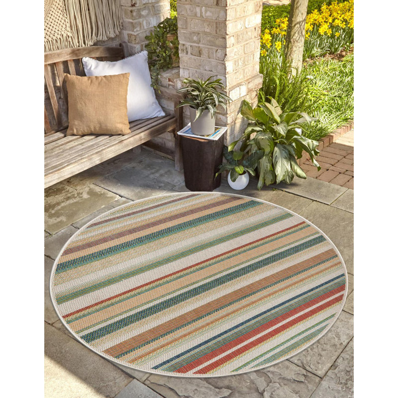 Tapis intérieur / extérieur rayé beige / vert / rouge Dimesford, Rond 5 pi 3 po