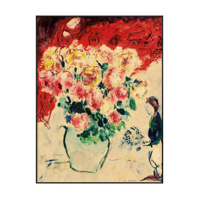 "Bouquet de roses avec une figure" par Marc Chagall, impression sur toile encadrée pour décorations de bureau à domicile (cadre de couleur bois mince, 12 po x 16 po)