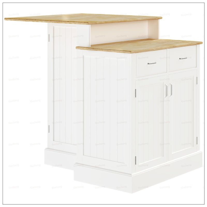 Îlot de cuisine avec armoire de rangement et plateau de table en bois d'hévéa à 2 niveaux, parfait pour les cuisines modernes et pour une utilisation efficace de l'espace