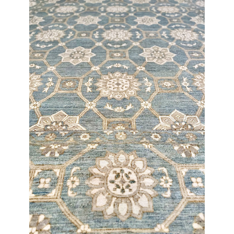 Proprietary Patterns Wool Geometric Area Rug in Crescent Blue, Rectangle 9' x 12'