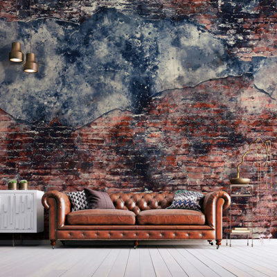 Distressed Red Brick and Concrete Wall Mural