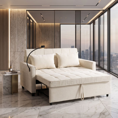 Convertible Pull-Out Sleeper Sofa Bed with Reversible Backrest, USB Ports, and Phone Holder in Chenille