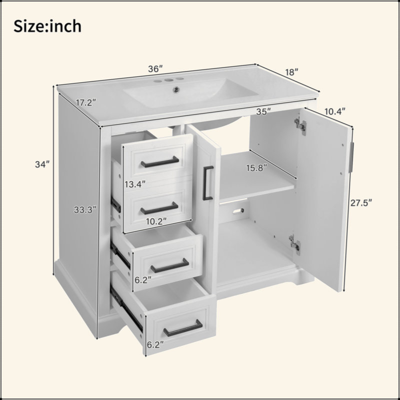 36" Modern Bathroom Vanity With Ceramic Sink, Soft-Close Door, Adjustable Shelf & 3 Drawers, Ample Storage, Elegant Design For Medium To Small Bathrooms