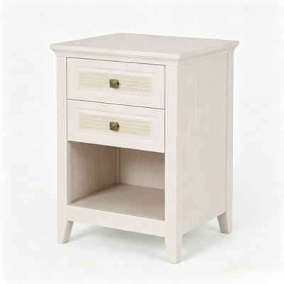 Table de chevet 17,7 po en rotin blanc avec 2 tiroirs et tablette, table de chevet Boho