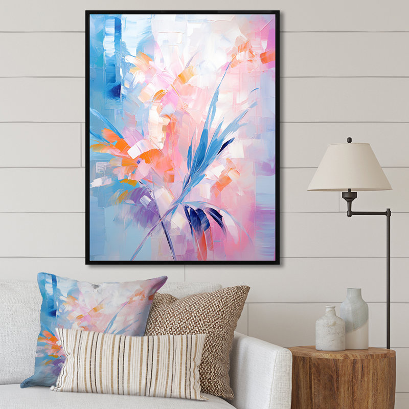 Plantes tropicales roses et pastel 1 - Art mural floral abstrait, Cadre flottant noir, H 20 po x l 12 po x P 1 po