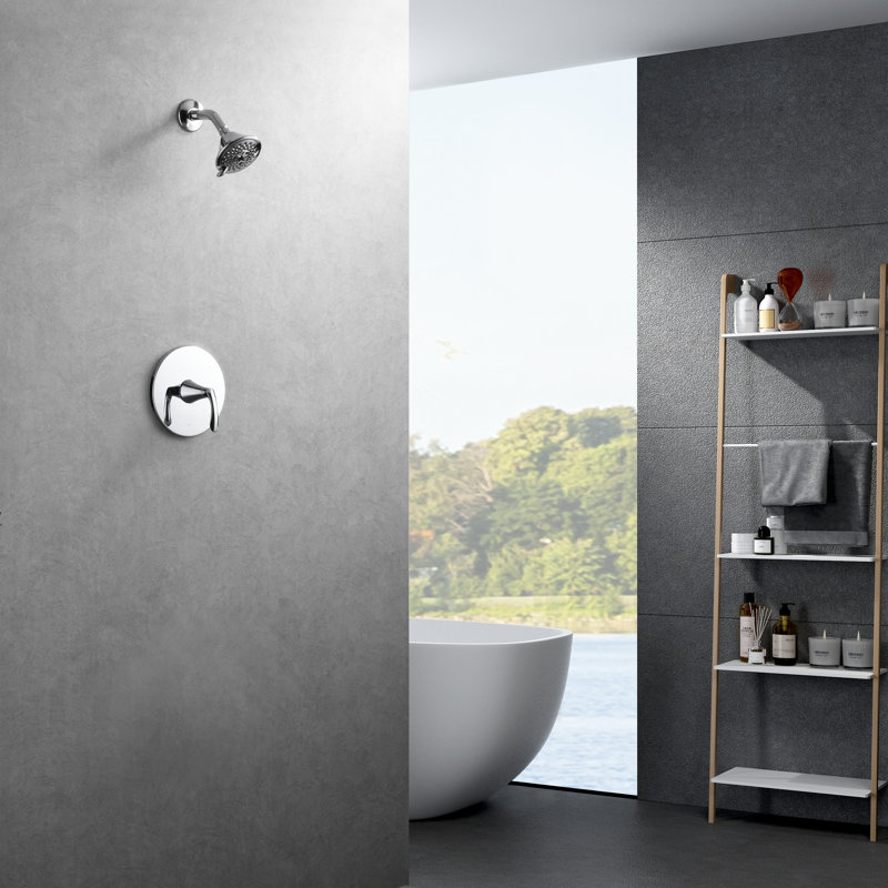 Stilleto Collection Shower Trim Only: 3-Function 4" Round Shower Head, Single Handle Set & Rough-in Valve Included - Chrome Polished