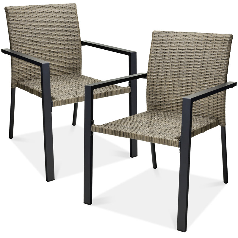 Ebern Designs Wicker Chairs, Stackable Outdoor Dining Furniture W/ Armrests, Taupe