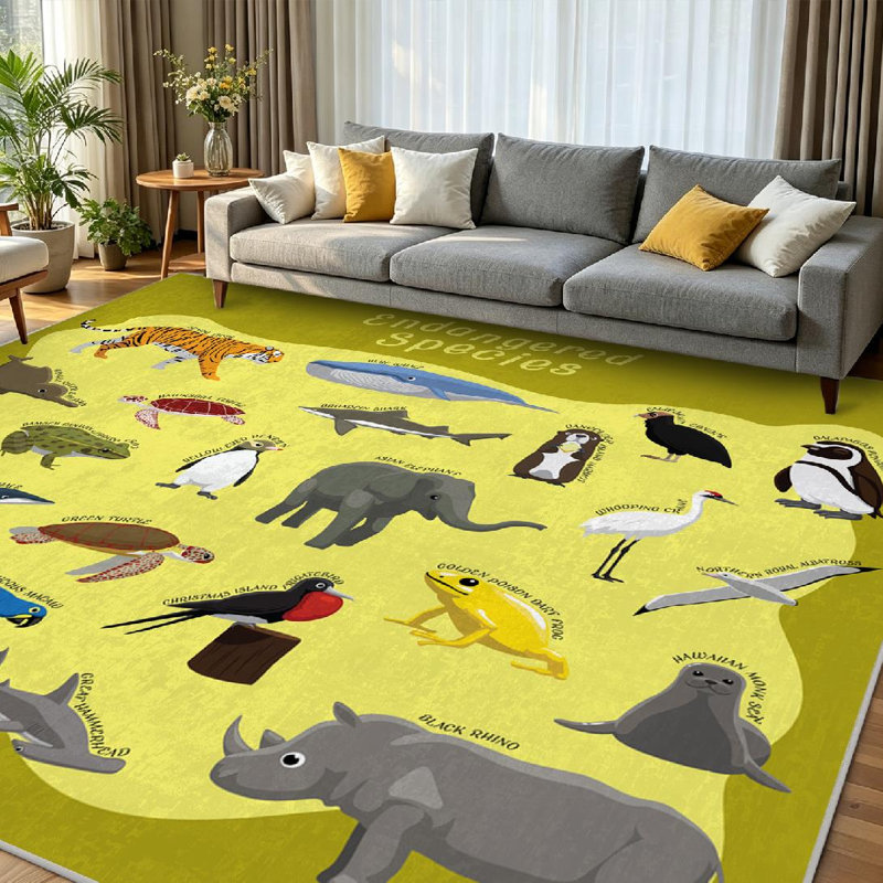 Tapis d'intérieur asiatique noir lavable à la machine, motif animaux de dessin animé., Rectangle 71 po x 98 po