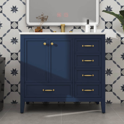 Meuble-lavabo 36 po avec lavabo et porte à fermeture en douceur 4 tiroirs de tailles et de pieds différents