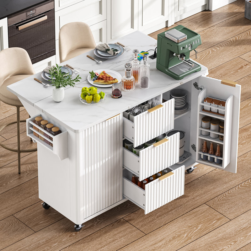 55.5" Fluted Kitchen Island With Drop Leaf, Power Outlet, Rolling Kitchen Cart With Faux Marble Top, Adjustable Shelves