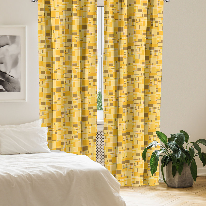 Rideaux 4 panneaux Ambesonne, jaune, quadrillage carré, souci et sépia, L 56 po x L 95 po