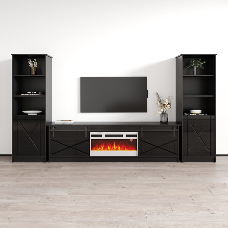 Fiorenze 120.5" Modern Entertainment Center with Electric Fireplace, High Gloss Finish, Media Storage, Black