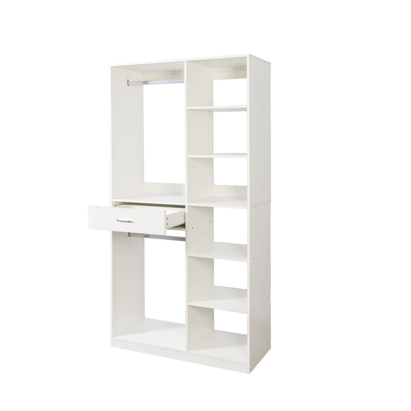 Garde-robe autoportante en bois avec 6 tablettes, 2 tringles et un tiroir