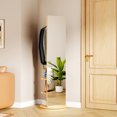 360° Rotating Full Length Mirror With Storage Rack, Floor Wood Frame Mirror For Bedroom, Living Room