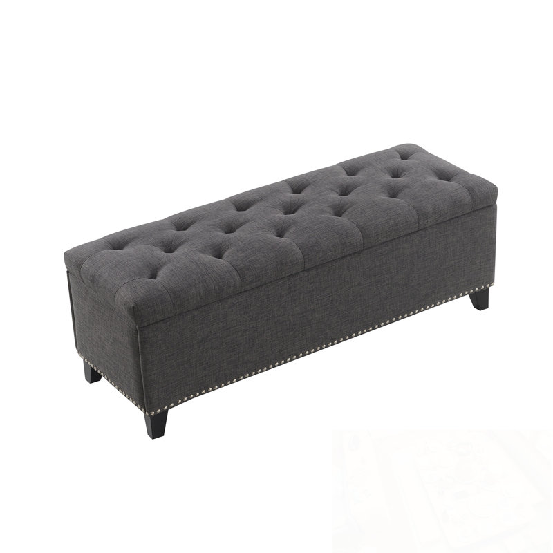 Banc de rangement en lin capitonné avec charnière de sécurité, Gris foncé