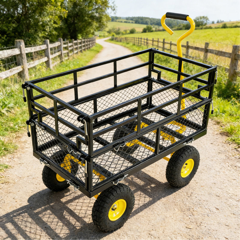 Chariot utilitaire de jardin robuste pour le transport du bois de chauffage, camion de cour en treillis d'acier, jaune et noir