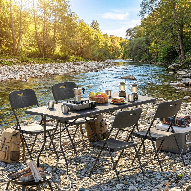Outsunny Folding Camping Table and Chairs 5 PCs 6ft Picnic Table Set Black
