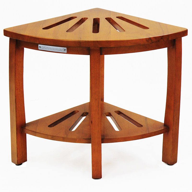 Beige Rubberwood Corner Spa Shower Bench with Storage Shelf