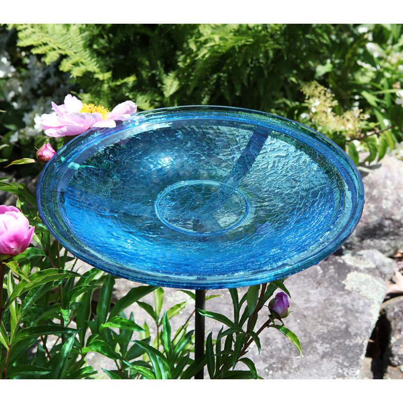 Teal Crackle Glass Birdbath with Roman Bronze Stand