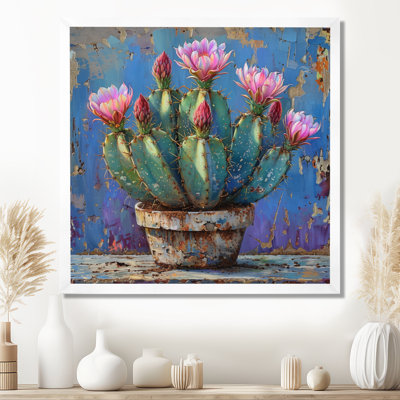 Pink Cactus In Desert Pottery - Floral Cactus Wall Art Print