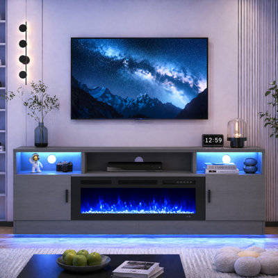 Meuble télé avec foyer électrique de 90 po, pour téléviseur de 100 po ou moins, console multimédia avec foyer électrique et prises de courant, 12 flammes, grand espace de rangement
