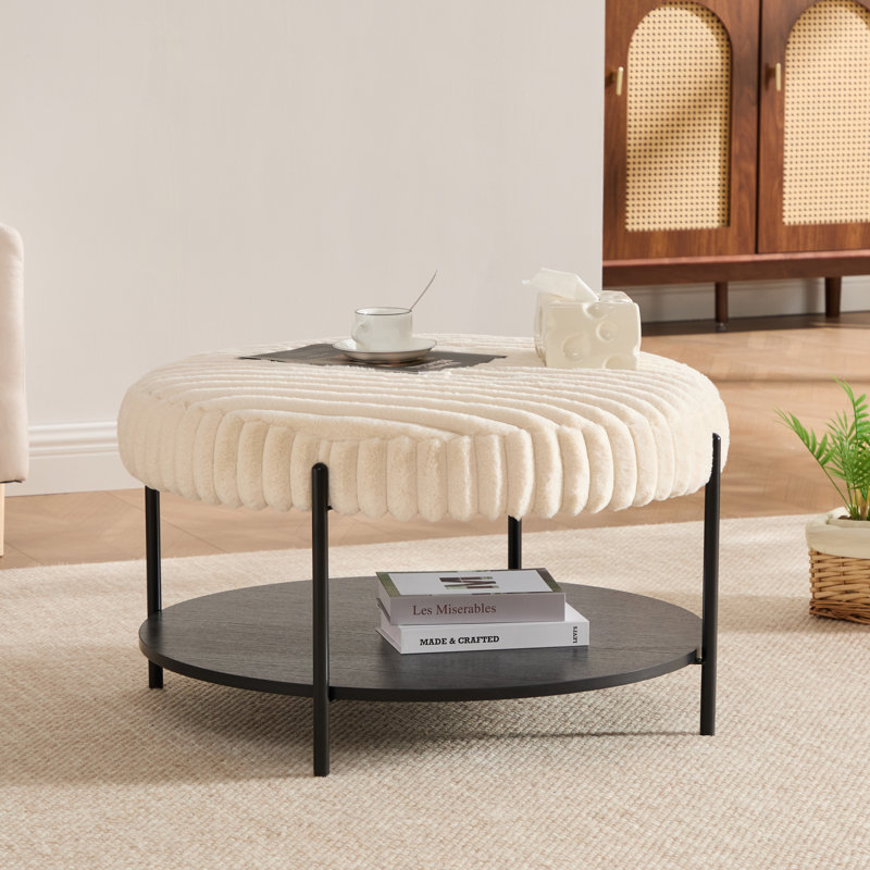 30.9"W Coffee Table,Round Upholstered Ottoman With Storage Shelf And Metal Legs, Beige
