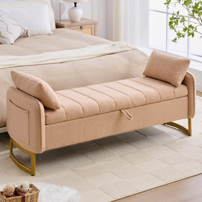 66"W Upholstered Flip Top Teddy Storage Bench with Gold Legs and 2 Pillows