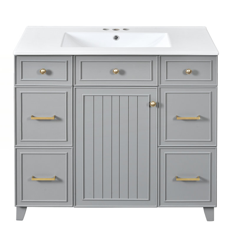 Meuble-lavabo 36 po avec lavabo en céramique, Gris, Doré