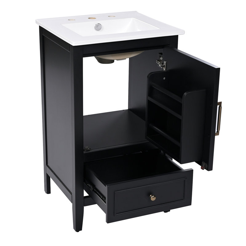 Meuble-lavabo de 20 po avec lavabo, armoire de salle de bain avec porte, tablette de porte et patins réglables, tiroir, noir
