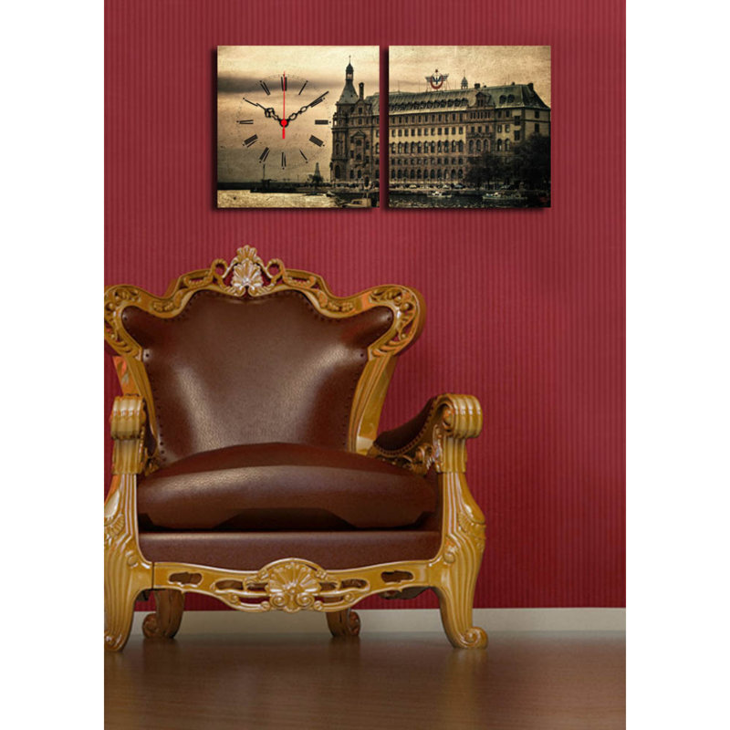 Horloge murale élégante en toile décorative (2 pièces), 23,6 po x 23,6 po | 100% toile de suède avec cadre 100% bois, épaisseur: 1,2 po | Décoration intérieure unique, parfaite pour les salons et les bureaux