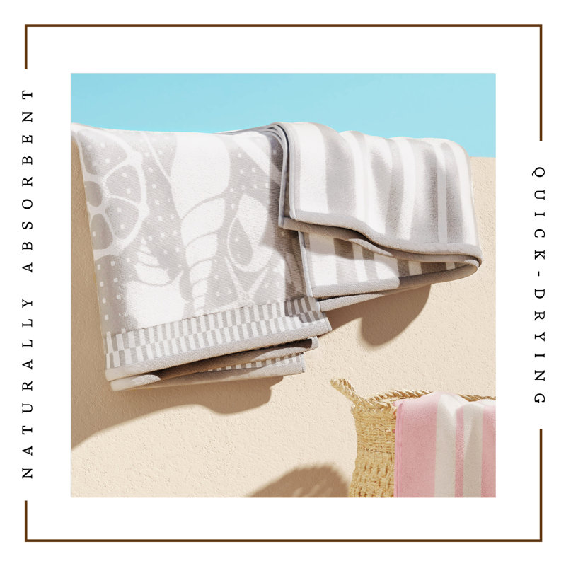 Serviettes de plage 100% jacquard 100% coton, Gris / coquillages blancs / rayures