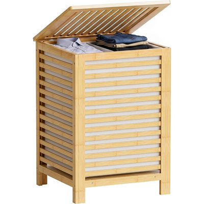 Panier à linge double avec couvercle, trieur de vêtements en bambou avec sac intérieur amovible et séparateur à deux compartiments, naturel