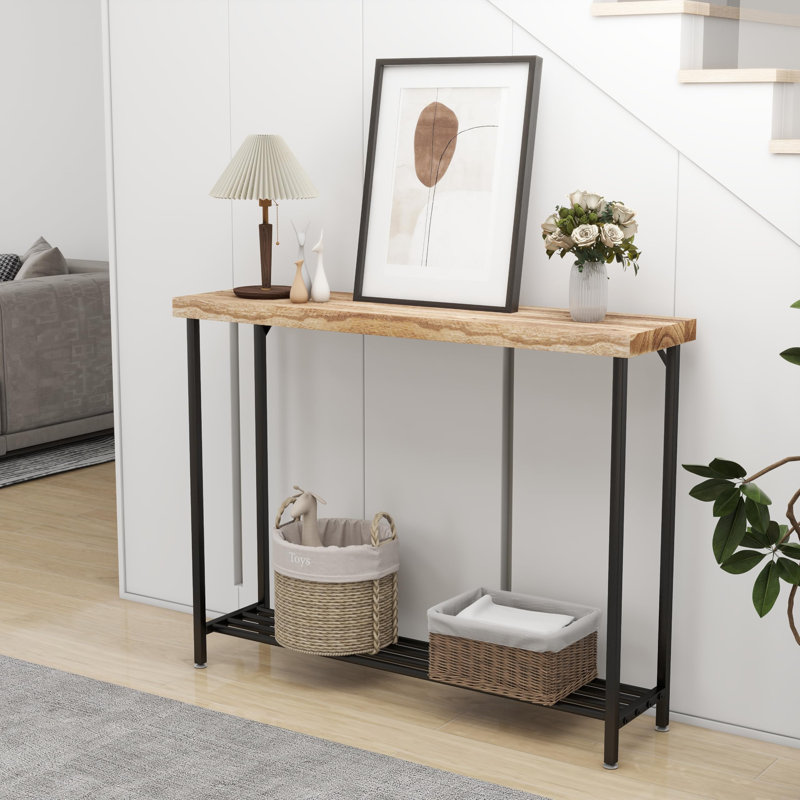 Rustic Brown Solid Wood Console Table with Black Metal Frame and Storage