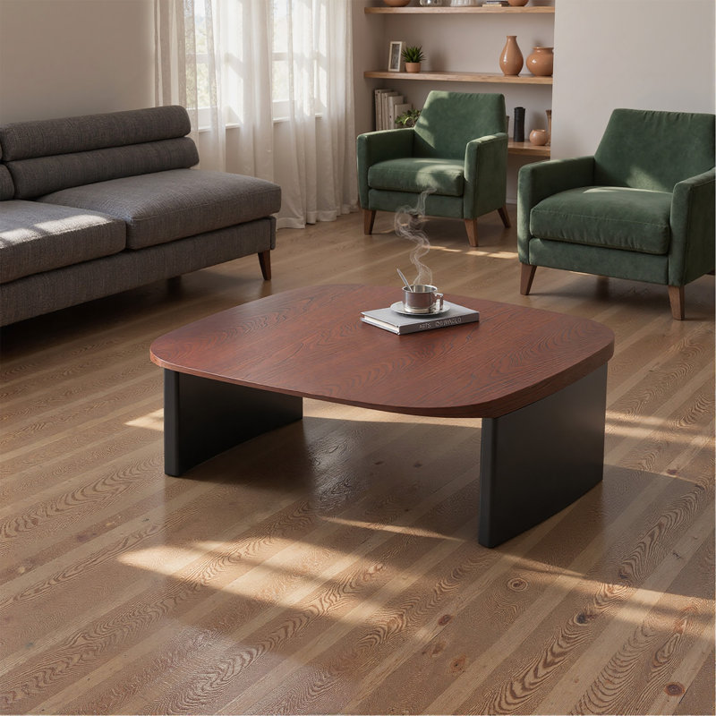Table basse moderne carrée en bois massif bicolore avec base à deux pieds, largeur de 35,43 pouces