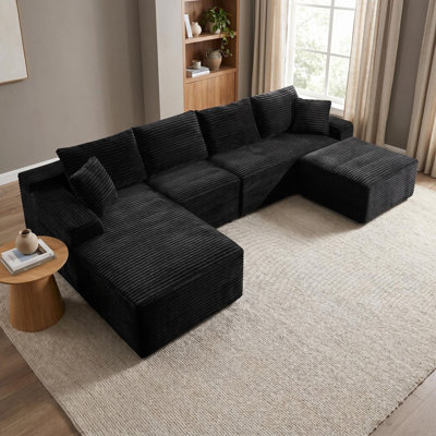 135-2/5" Corduroy Modular Sectional Sofa, Upholstered Floor Couch with 2 Accent Pillows for Living Room