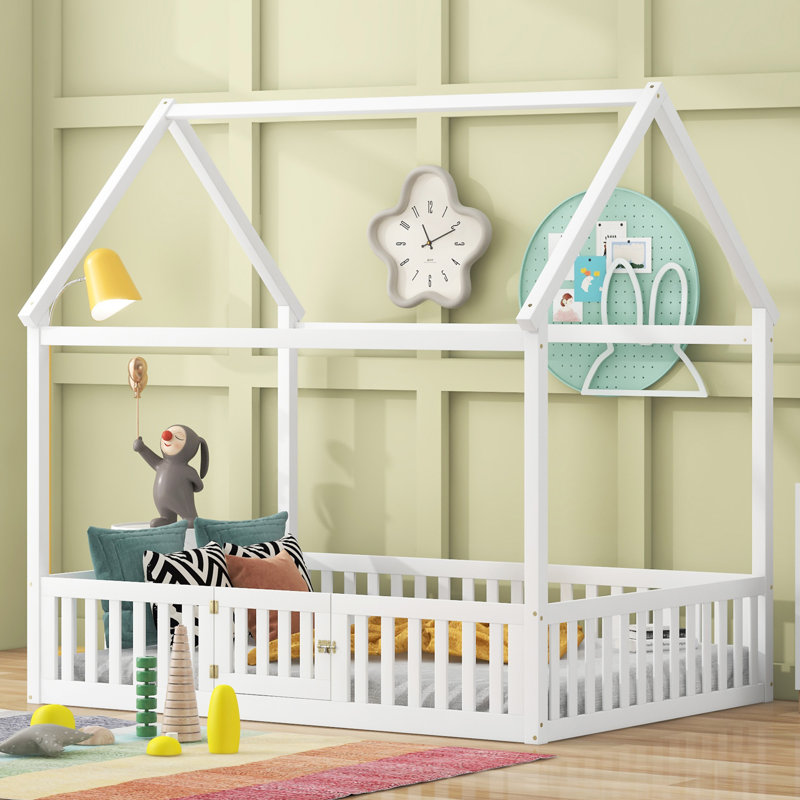 Lit en bois avec clôture et porte, Blanc, Lit double